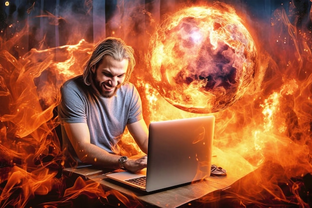 Foto un hombre se sienta frente a una computadora portátil con la intención de entrar en una red informática el brillo de la pantalla se refleja en sus ojos en medio de un telón de fondo ardiente