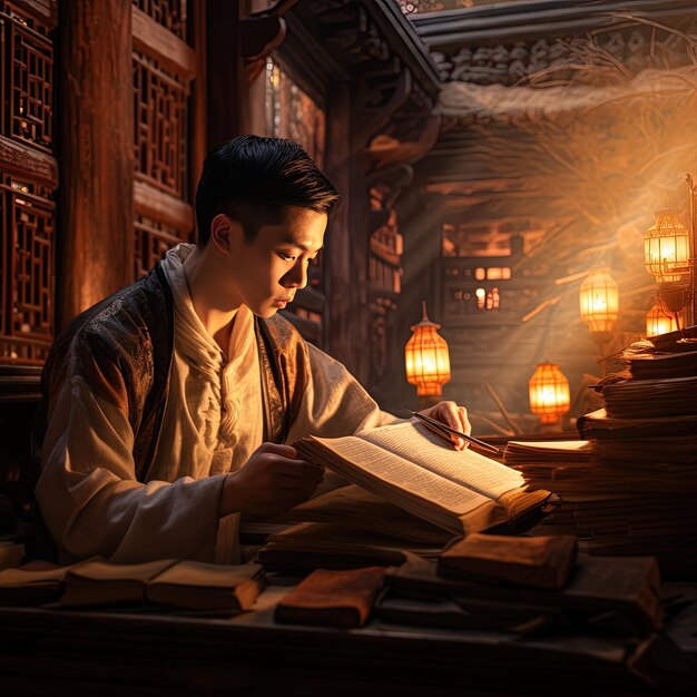 un hombre se sienta frente a un libro que tiene la palabra en él