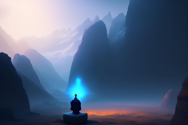 Un hombre se sienta frente a una montaña con una luz azul que dice "meditación".