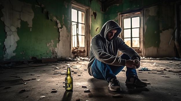 Un hombre se sienta en una habitación oscura con una botella de cerveza en el suelo.