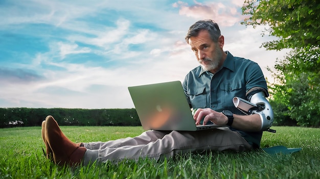 un hombre se sienta en la hierba con una computadora portátil