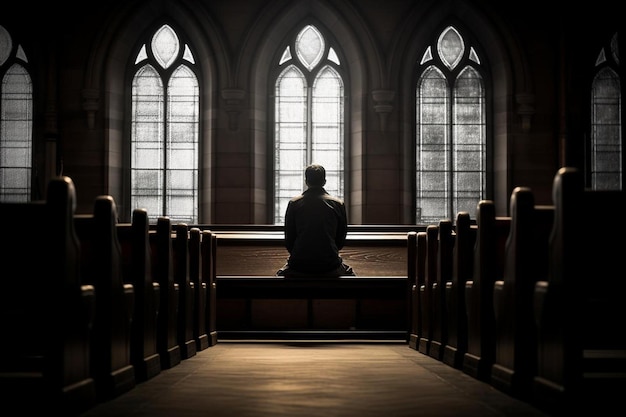 un hombre se sienta en una iglesia con una estatua frente a él.