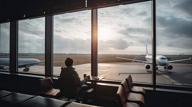 Un hombre se sienta en una mesa en un aeropuerto mirando por la ventana.