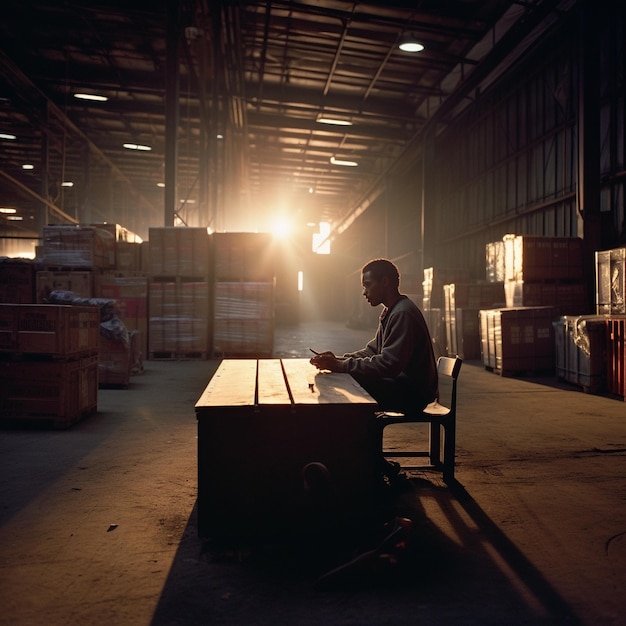 Un hombre se sienta en una mesa en un almacén con cajas de mercancías.