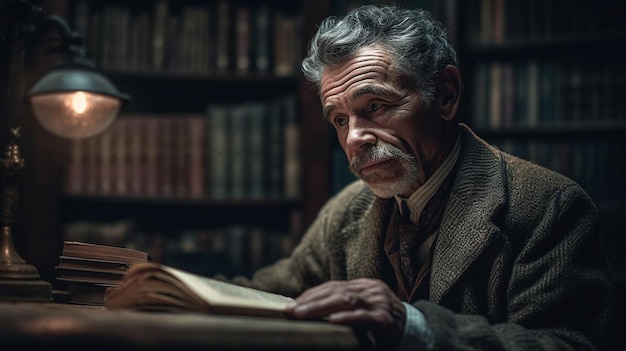 Un hombre se sienta en una mesa en una biblioteca leyendo un libro.