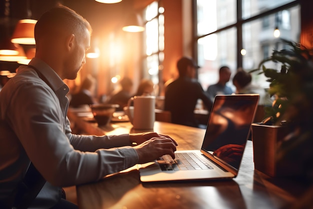 Un hombre se sienta en una mesa en un café con una computadora portátil en su regazo.