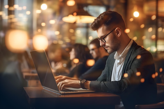 Un hombre se sienta en una mesa en un café, trabajando en una computadora portátil.