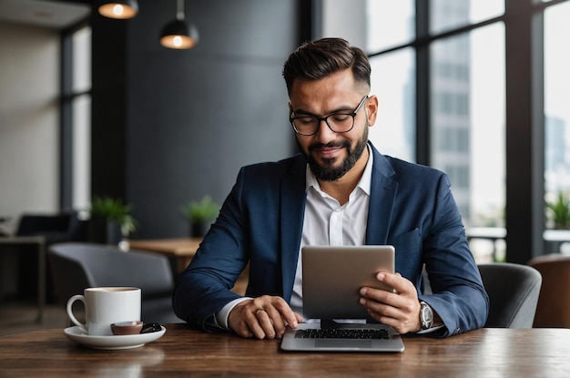un hombre se sienta en una mesa con una computadora portátil y café