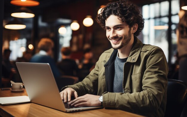 Foto un hombre se sienta en una mesa con una computadora portátil y un hombre está trabajando en su computadora portatil