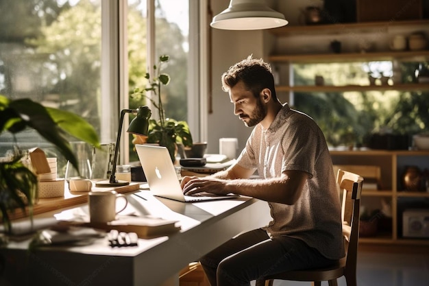 un hombre se sienta en una mesa con una computadora portátil y la palabra rincón en él