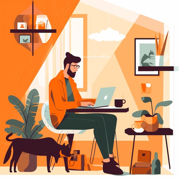 un hombre se sienta en una mesa con una computadora portátil y un perro.