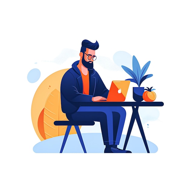 Un hombre se sienta en una mesa con una computadora portátil y una planta detrás de él.