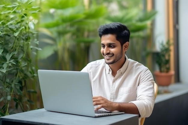 un hombre se sienta en una mesa con una computadora portátil y sonriendo