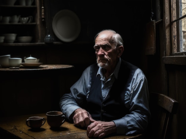 Un hombre se sienta en una mesa en un cuarto oscuro con una taza de té.