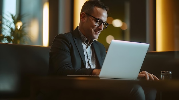 Un hombre se sienta en una mesa en un cuarto oscuro, usando una computadora portátil.