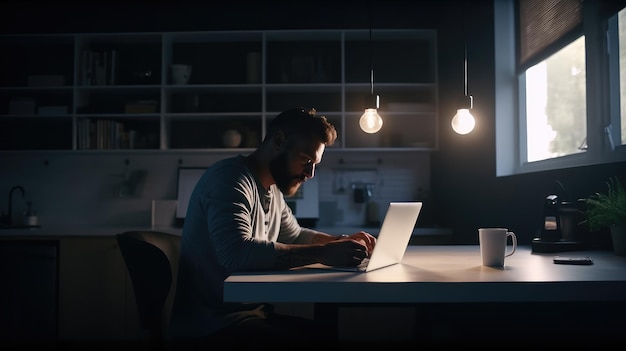 Un hombre se sienta en una mesa en un cuarto oscuro, usando una computadora portátil.