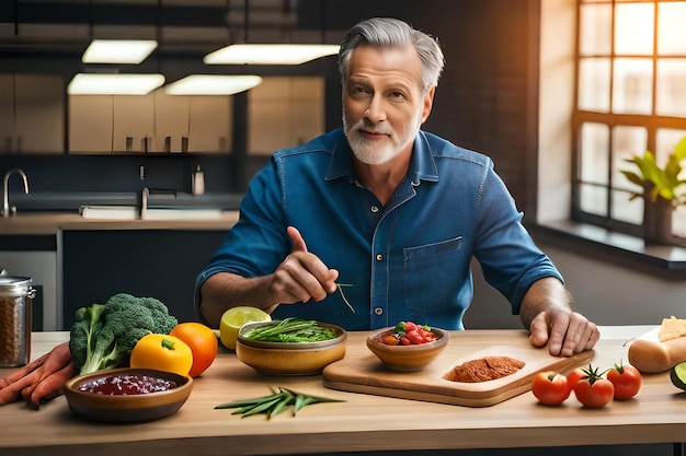 Un hombre se sienta a una mesa con cuencos de verduras y frutas.