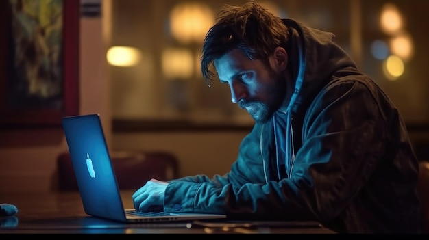 Un hombre se sienta en una mesa en una habitación oscura, mirando una computadora portátil con una computadora portátil en ella.