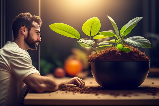 Foto un hombre se sienta en una mesa con una planta al fondo.