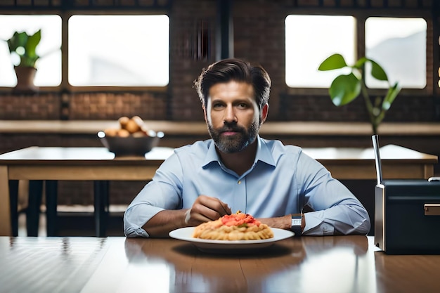 Un hombre se sienta en una mesa con un plato de comida y un cuenco de fruta.