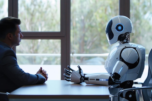 Un hombre se sienta en una mesa con un robot el robot lleva un traje y tiene una expresión seria