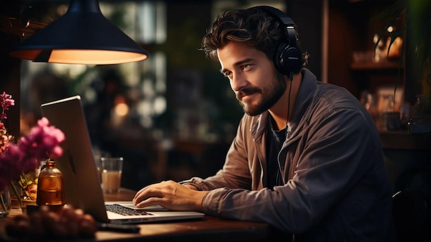 Un hombre se sienta en una mesa y trabaja en una computadora portátil generada por IA