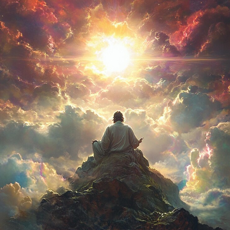 Foto un hombre se sienta en una montaña con el sol detrás de él