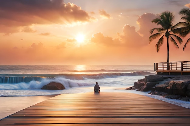 Un hombre se sienta en un muelle mirando la puesta de sol.