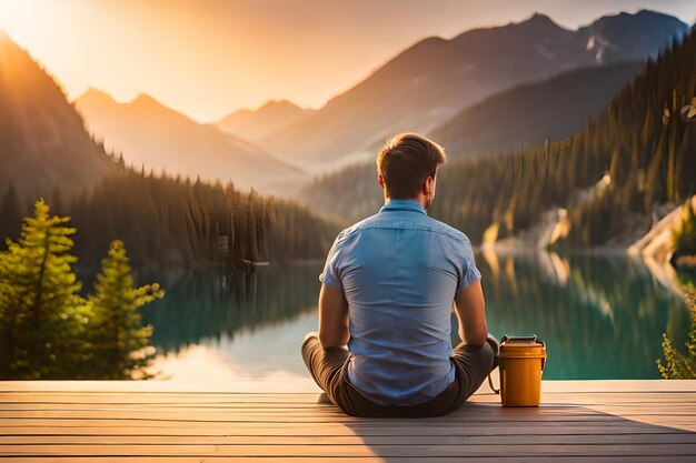 Un hombre se sienta en un muelle con una taza de café y un lago de montaña al fondo.