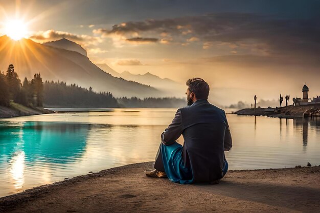 Un hombre se sienta en la orilla de un lago frente a una cordillera.