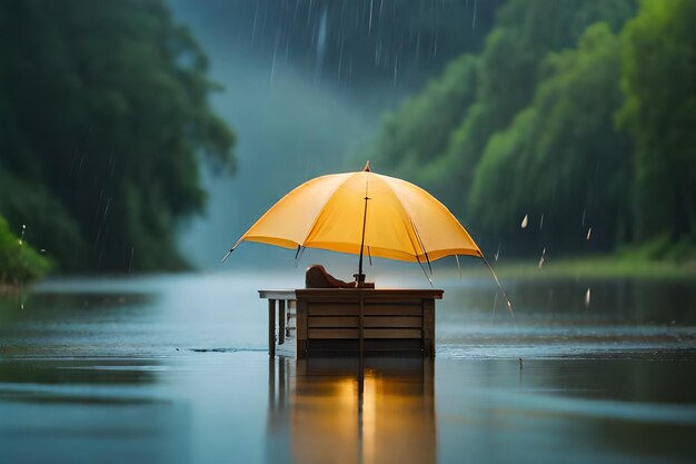 Un hombre se sienta bajo un paraguas bajo la lluvia.