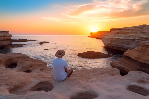 Foto un hombre se sienta en una playa y mira hacia el mar