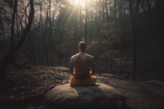 Un hombre se sienta en una roca en el bosque, meditando.