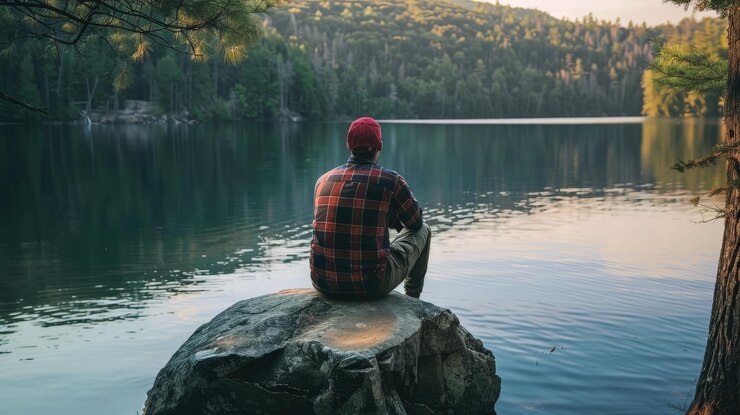 Un hombre se sienta en una roca junto a un lago y mira hacia el agua