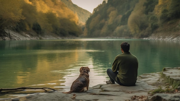 Un hombre se sienta en una roca junto a un río con un perro a su lado.