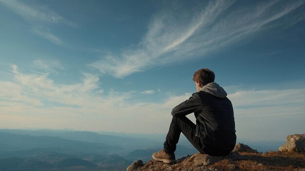 Foto un hombre se sienta en una roca mirando las montañas