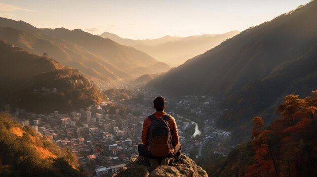 Un hombre se sienta en una roca con vistas a una ciudad.