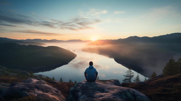 un hombre se sienta en una roca con vistas a un lago y montañas en el fondo