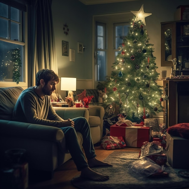 Un hombre se sienta en una sala de estar con un árbol de navidad al fondo.