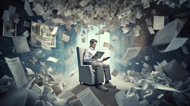 Un hombre se sienta en una silla en una habitación desordenada con papeles volando a su alrededor.