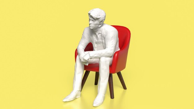 El hombre se sienta y la silla roja en fondo amarillo renderización 3D