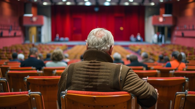 Un hombre se sienta en una silla en un teatro con una multitud de personas