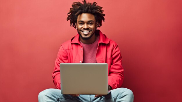 Un hombre se sienta sobre un fondo rojo con una laptop.