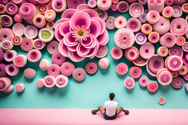 Un hombre se sienta sobre un fondo rosa y azul con flores y un fondo rosa.