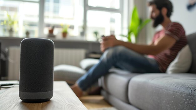 Un hombre se sienta en un sofá en la sala de estar usando un teléfono inteligente Un altavoz inteligente se siente en la mesa a su lado