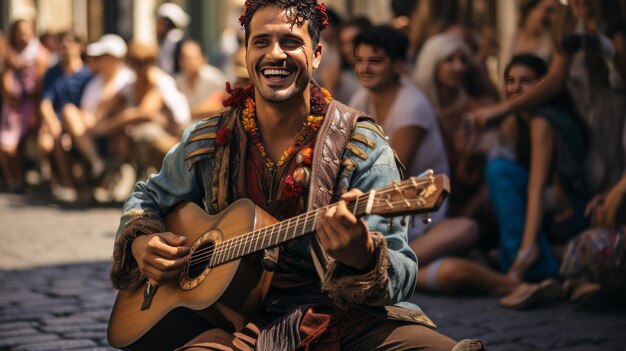 Foto un hombre se sienta en el suelo tocando una guitarra con pasión y habilidad