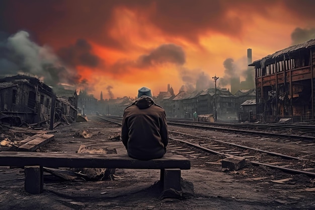 Un hombre se sienta en un taburete de madera en una estación de tren con un cielo oscuro y un cielo oscuro con nubes