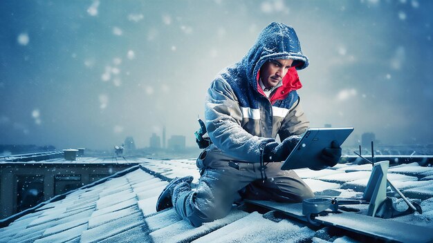 un hombre se sienta en un techo en la nieve con una ciudad en el fondo