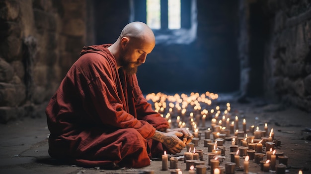 El hombre se sienta a ver las luces de las velas. Fondo de pantalla creativo de fotografía de alta definición.