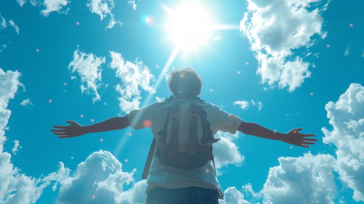 El hombre se siente victorioso se siente poderoso feliz vitalidad prana brillante cielo azul soleado ultra fotorrealista concepto de arte composición cinematográfica regla de los tercios